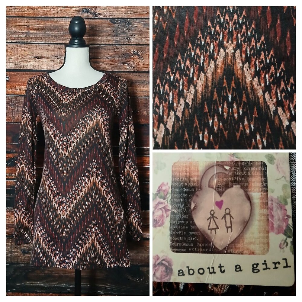 NWT About A Girl Top S Soft Knit Bohemian Stripe Brown Wine Made in USA